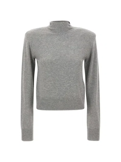 Rotate Birger Christensen Bow-detail Padded-shoulder Sweater In Gray