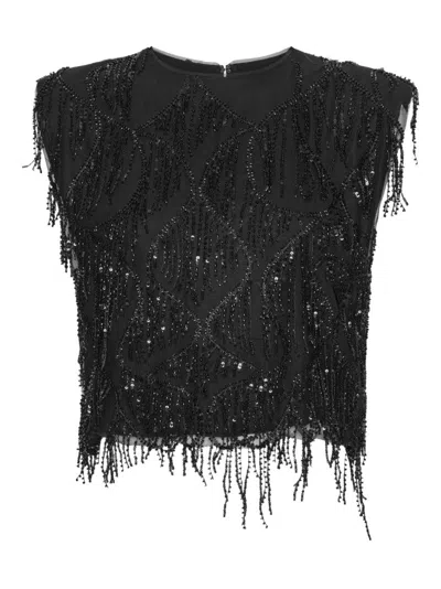ROTATE BIRGER CHRISTENSEN BOXY BLACK TOP WITH BEAD AND SEQUIN EMBELLISHMENTS