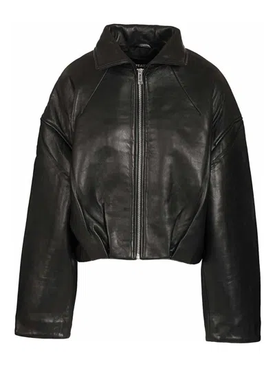 Rotate Birger Christensen Cropped Leather Coat Lace Detail Neckline In Black