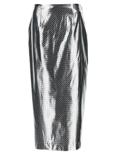 Rotate Birger Christensen High Waist Metallic Pencil Skirt With Back Slit In Silver