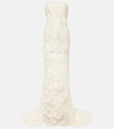 Rotate Birger Christensen Bridal Alberty Floral-appliqué Mesh Gown In Egret