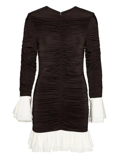 ROTATE BIRGER CHRISTENSEN BROWN AND WHITE RUFFLED DRESS ROTATE