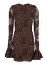 Rotate Birger Christensen Brown Crewneck Mini Dress With Flared Long Sleeves In Tech Fabric Stretch Woman In Brown