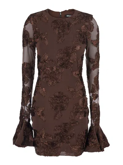ROTATE BIRGER CHRISTENSEN BROWN CREWNECK MINI DRESS WITH FLARED LONG SLEEVES IN TECH FABRIC STRETCH WOMAN