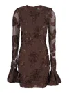 Rotate Birger Christensen Brown Crewneck Mini Dress With Flared Long Sleeves In Tech Fabric Stretch Woman In Brown