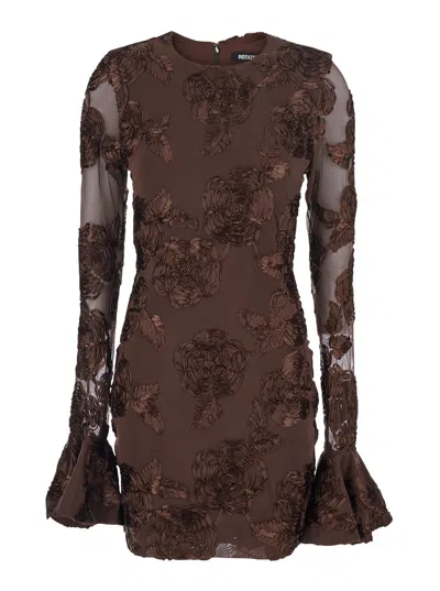 ROTATE BIRGER CHRISTENSEN BROWN CREWNECK MINI DRESS WITH FLARED LONG SLEEVES IN TECH FABRIC STRETCH WOMAN