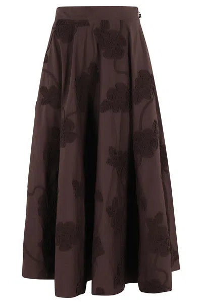 Rotate Birger Christensen Brown Flower Embroidered Flared Cotton Maxi Skirt