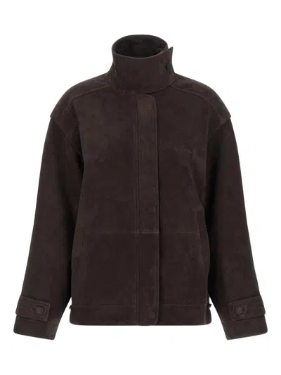 Rotate Birger Christensen Brown Leather Jacket With High Collar Rotate