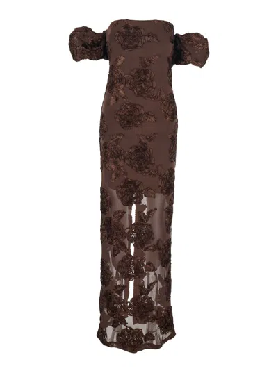 Rotate Birger Christensen Brown Long Dress With Removable Short Sleeves And All-over Floral Embroidery In Tech Fabric Stretch 