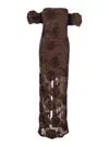 Rotate Birger Christensen Brown Long Dress With Removable Short Sleeves And All-over Floral Embroidery In Tech Fabric Stretch  In Brown