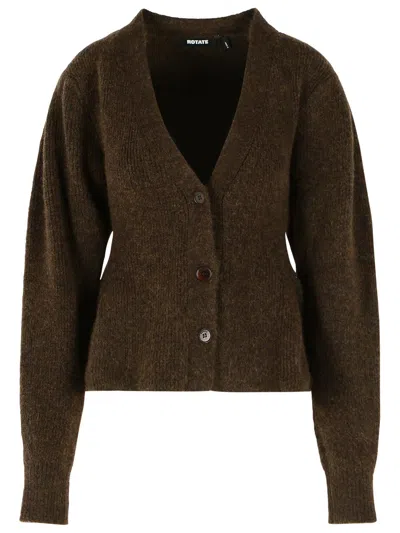Rotate Birger Christensen Brown Ruffled Flared Alpaca-blend Cardigan In Black