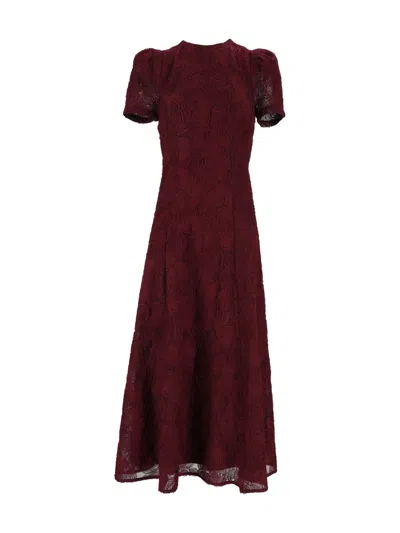 Rotate Birger Christensen Brown Slim-fit Floral Mesh Flared Midi Dress In Red