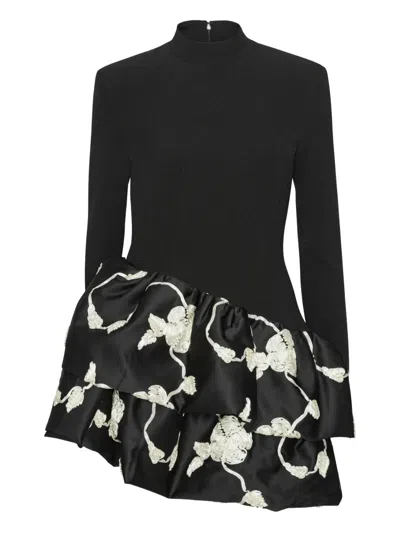Rotate Birger Christensen Embroidered Long Sleeve Dress With Ruffled Hem In Black