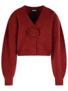 Rotate Birger Christensen Rotate Cropped Burgundy Sweater With Deep V-neckline And Floral Embellishment In Burgundy