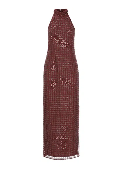 Rotate Birger Christensen Burgundy Long Dress With All-over Beaded Pattern In Brown