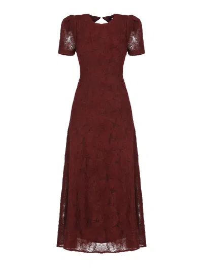 Rotate Birger Christensen Burgundy Maxi Dress With All-over Fabric Roses In Brown