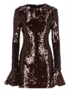 Rotate Birger Christensen Bordeaux Sequin Crewneck Mini Dress With Flared Sleeves In Tech Fabric Stretch Woman In Brown