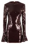 Rotate Birger Christensen Bordeaux Sequin Crewneck Mini Dress With Flared Sleeves In Tech Fabric Stretch Woman In Burgundy