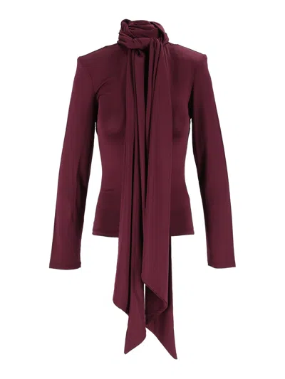 Rotate Birger Christensen Burgundy Tight-fit Long-sleeved Scarf Top In Brown