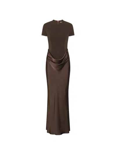 Rotate Birger Christensen Rotate Long Short-sleeve Dress With Fitted Bodice And Draped Hips In Brown