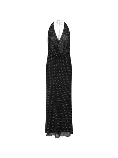 Rotate Birger Christensen Rotate Floral Halter Neck Chiffon Dress With V-neck And Open Back In Black