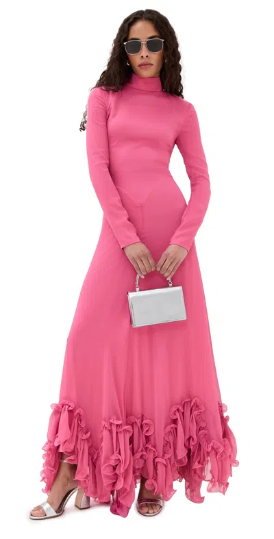 Rotate Birger Christensen Chiffon Maxi Ruffle Dress Carmine Rose