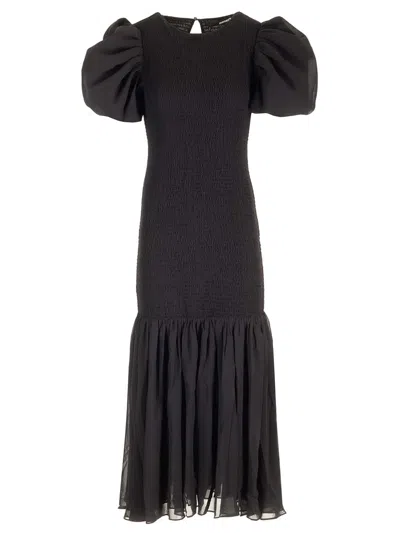 Rotate Birger Christensen Chiffon Midi Dress With Puff Sleeves In Nero