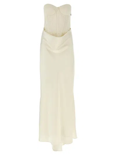 Rotate Birger Christensen Long Silk-effect Dress With Padded Corset In Neutral