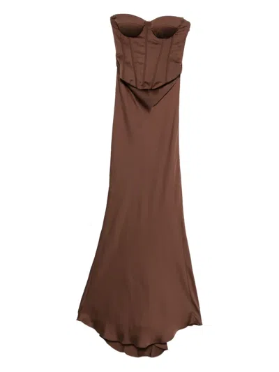 Rotate Birger Christensen Strapless Satin Corset Maxi Dress In Brown