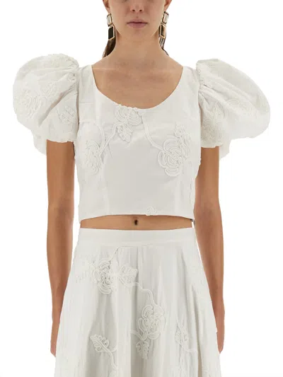 Rotate Birger Christensen Cotton Top With Puff Sleeves In White