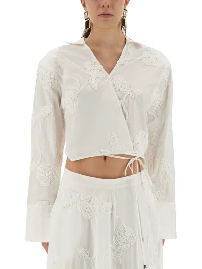 Rotate Birger Christensen Cotton Wrap-around Shirt Top With 3d Pattern In White