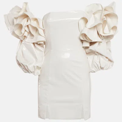 Pre-owned Rotate Birger Christensen Cream Faux Leather Bethany Off-shoulder Vinyl Dress S