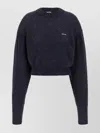 Rotate Birger Christensen Crew Neck Cropped Knit Puff Sweater In Blue