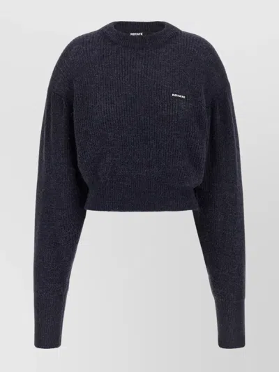 Rotate Birger Christensen Crew Neck Cropped Knit Puff Sweater In Blue