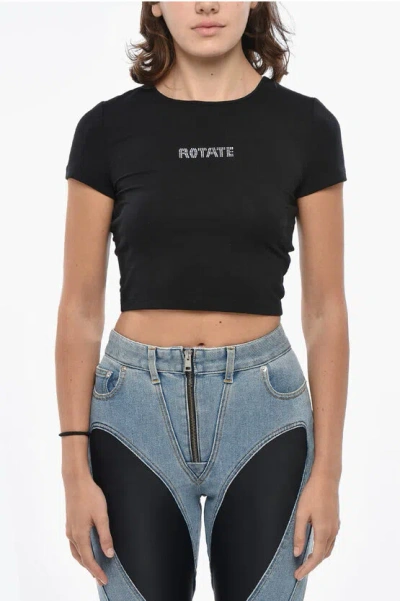 Rotate Birger Christensen Crew-neck Cropped T-shirt With Rhinestones Embellished Logo In Black