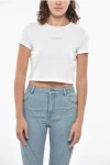 Rotate Birger Christensen Crew-neck Cropped T-shirt With Rhinestones Embellished Logo In White
