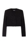 Rotate Birger Christensen Rotate Cropped Sequin Bouclé Jacket With Trimming And Collarless Design In Black