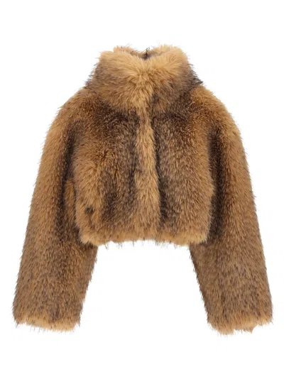 Rotate Birger Christensen Cropped Faux Fur Jacket In Brown