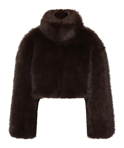 Rotate Birger Christensen Cropped Faux Fur Jacket In Dark Brown