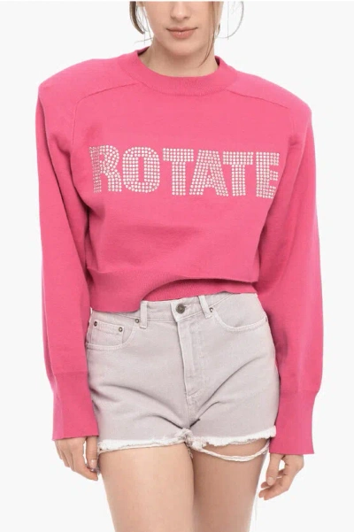 Rotate Birger Christensen Cropped Firm Sweater With Rhinestone Logo In Pink
