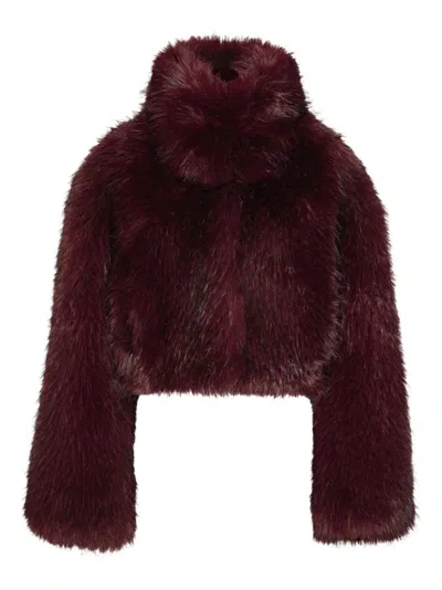 ROTATE BIRGER CHRISTENSEN CROPPED JACKET IN PLUSH BURGUNDY FAUX FUR