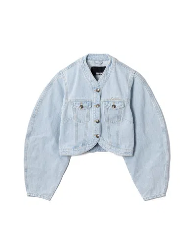 ROTATE BIRGER CHRISTENSEN CROPPED ROUND SLEEVE DENIM JACKET IN LIGHT BLUE