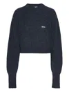 Rotate Birger Christensen Crew Neck Cropped Knit Puff Sweater In Blue