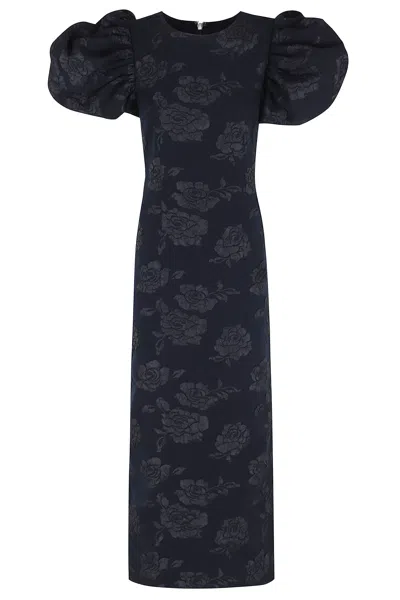 Rotate Birger Christensen Dark Blue Jacquard Puff Sleeve Floral Polyester Midi Dress In Multi