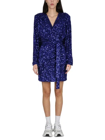 ROTATE BIRGER CHRISTENSEN DEEP V-NECK SEQUINED EVENING DRESS WITH ADJUSTABLE BELT