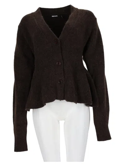 Rotate Birger Christensen Deep V-neck Brown Knit Sweater With Flared Hem