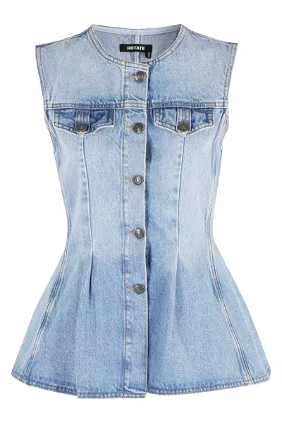 Rotate Birger Christensen Denim Flared Silhouette Button-front Cotton Tank Top In Blue
