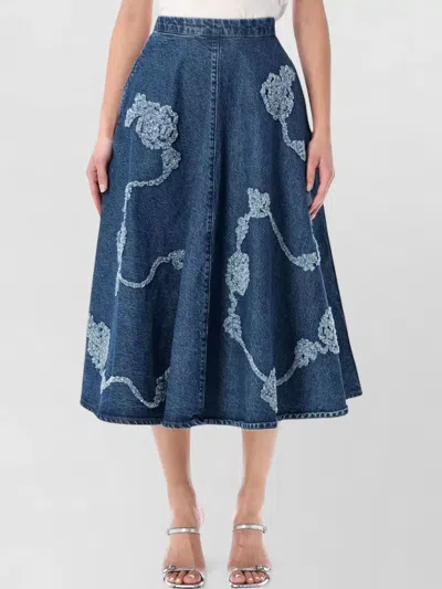 Rotate Birger Christensen Denim Midi Skirt High Waist Flowers In Blue