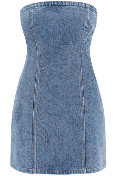 Rotate Birger Christensen Crystal-embellished Denim Mini Dress In Blue