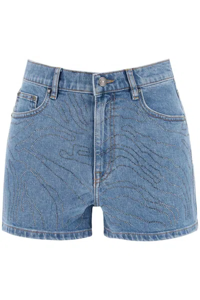 Rotate Birger Christensen Denim Shorts With Rhinestone In Blu